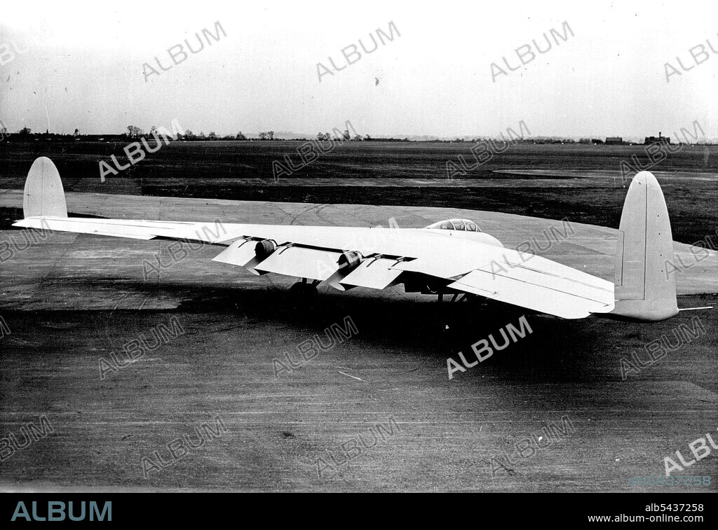 Britain's First All-Wing Jet Plane. The Armstrong Whitworth A.W. 52. Jet England All-wing Aircraft photographed at Baginton Aerodrome today. Britain's first jet-propelled "Flying Wing," the Armstrong-Whitworth A.W. 52. will shortly be making it's Test flights. Powered with two Rolls-Royce Derwent turbo-jet engines, it has a wing span of about 90 feet. The two seater plane is a true all-wing in design, except for the wing-tip rudders, the windscreen assembly and a slight bulge underneath. Decembe.