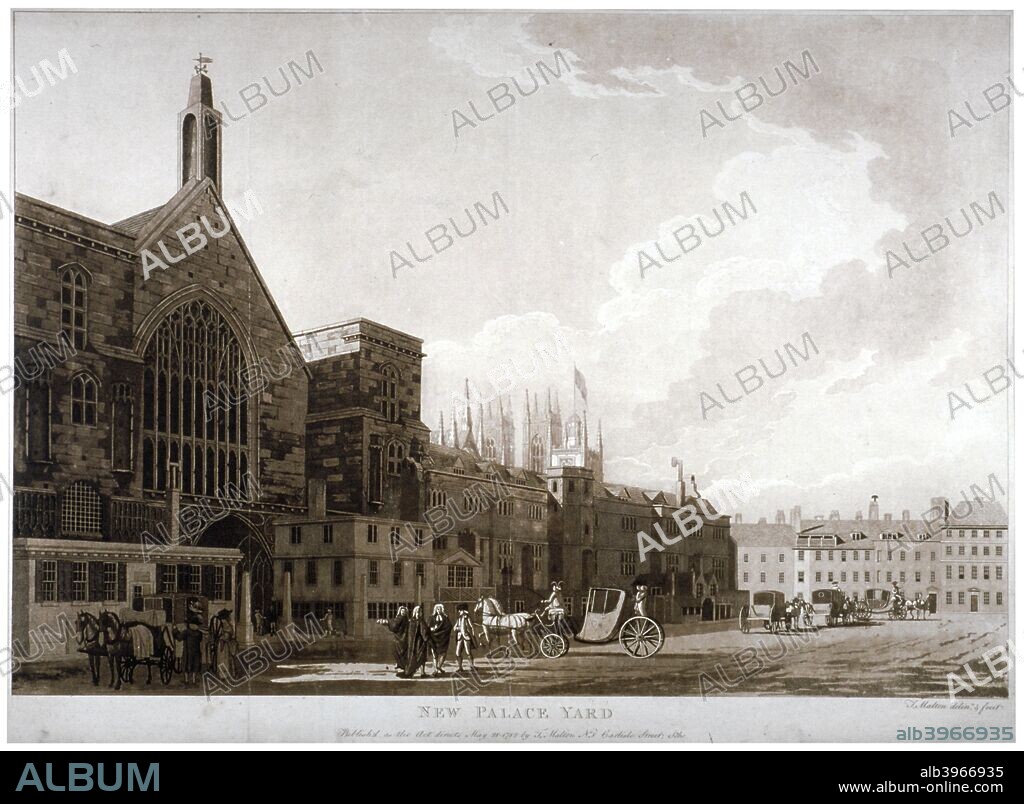 New Palace Yard and the entrance to Westminster Hall, London, 1782. View with carriages outside.