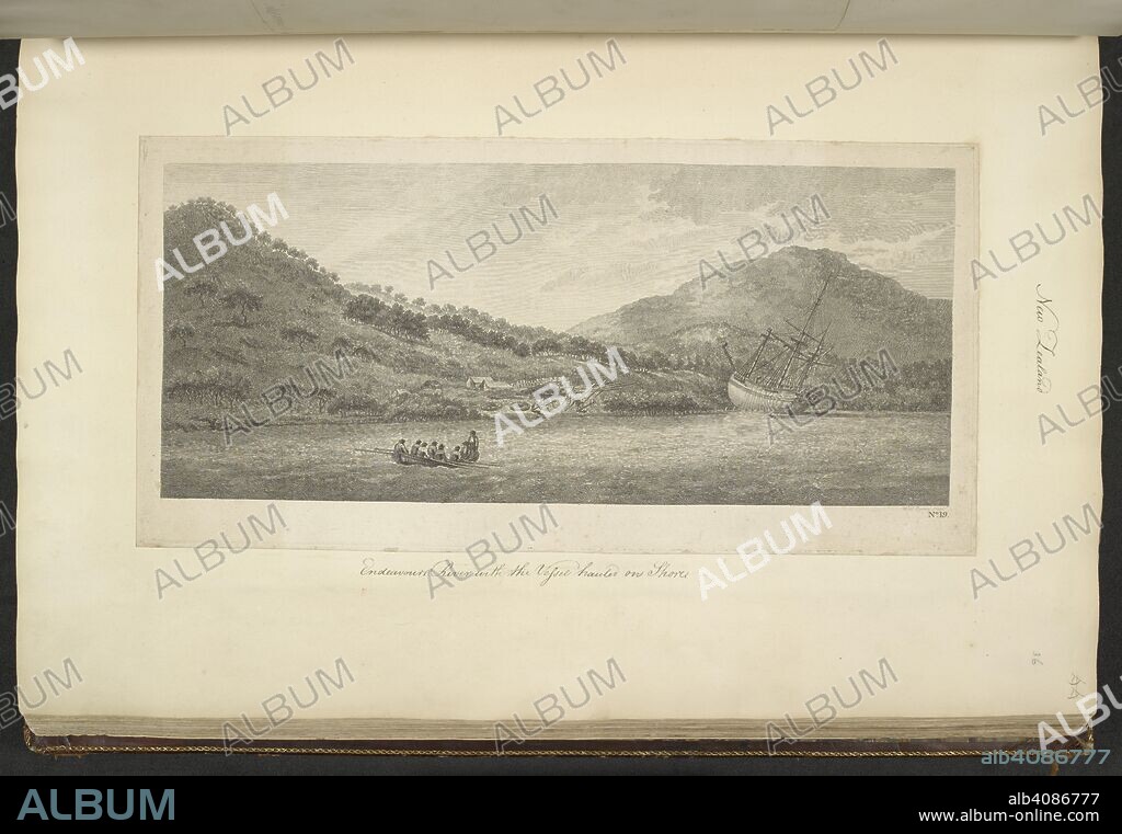 [Whole folio] A view of the Endeavour River, New Holland, with the Endeavour laid on shore, in order to repair the damage which she received on the rocks; June-July 1770. The first known landscape of Australia. Engraving by William Byrne, probably after a lost drawing by Sydney Parkinson. A Collection of Drawings made in the Countries visited by Capt. Cook in his First Voyage. 1768-1771. 1773. Source: Add. 23920, f.36. Language: English.