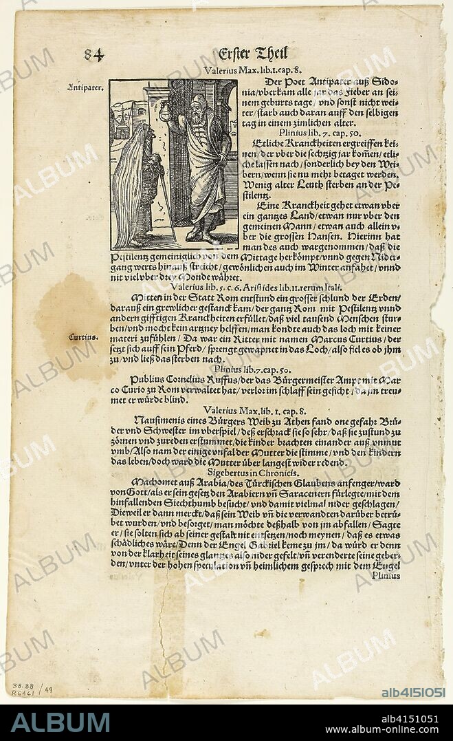 Illustration from Plinius' Naturgeschichte by J. Heyden, plate 49 from Woodcuts from Books of the XVI Century. Jost Amman (Swiss, 1539-1591); assembled by Max Geisberg (Swiss, 1875-1943). Date: 1571-1572. Dimensions: 80 x 60 mm (image); 248 x 155 mm (image/text); 323 x 206 mm (sheet). Woodcut on paper. Origin: Switzerland.
