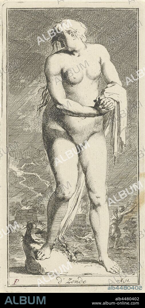 Personified Sin of Sin (title on object) One and forty pieces, Verscheydene Sinnebbeelden (series title), A naked female figure with her hair hanging loose as personification of sin looking over her shoulder to a fleeing Cain who has just killed his brother Abel after they had sacrificed to God. Print from a series of 41 emblems, Vice, Evil, Sin, 'Peccato' (Ripa), the story of Cain and Abel (Genesis 4: 3-17), Arnold Houbraken (mentioned on object), Amsterdam, 1710 - 1719, paper, pen, h 180 mm × w 90 mm.