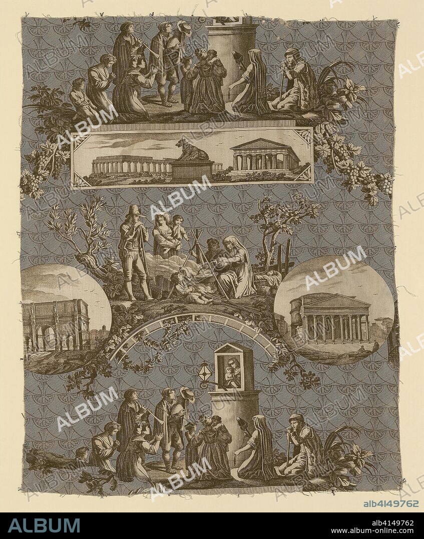 Le Romain (The Roman) (Furnishing Fabric). Designed by Jean Baptiste Huet (French, 1745-1811) after etchings by Bartolomeo Pinelli (French, 1781-1835); Engraved by Jules Mallet (French, 1759-1835); France, Jouy-en-Josas. Date: 1811-1821. Dimensions: 68.6 × 54.1 cm (27 × 21 1/4 in.)
Warp repeat: 52.3 cm (20 5/8 in.). Cotton, plain weave; engraved roller printed. Origin: France.