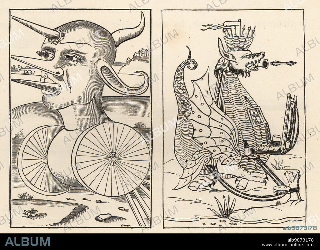 Medieval war engines: a wheeled machine with human face designed to break up enemy ranks and crush soldiers, and an espringale catapult, a dragon-like machine to shoot darts and aid in approaching a beseiged town. The rolling machine from Vegetius lArt Militaire, 1532, and the Espringale from Roberto Valturios La Discipline militaire, 1555. Woodcut by Etienne Huyot and Jules Huyot from Paul Lacroixs La Vie Militaire et Religieuse au Moyen Age et a lEpoque de la Renaissance, Military and Religious Life in the Middle Ages and the Renaissance, Paris, 1873.