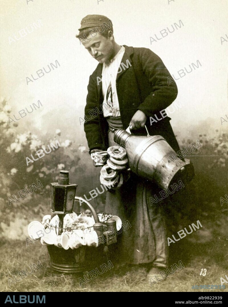 A man selling salapi; salep; sahlep; a sweet drink; 1890; Turkey; Historical; digitally restored reproduction from a 19th century original; Asia.