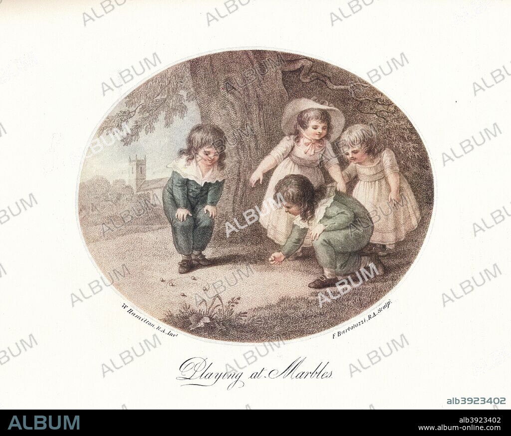 Playing at Marbles. A stipple engraving by Francesco Bartolozzi (1727?1815) after a painting by William Hamilton (1751-1801). A group of four children entertain themselves by playing marbles. From The Connoisseur VOL. XIV, 1906.