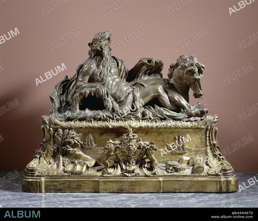 Neptune with seahorse on pedestal, Neptune sits on a pedestal. His right arm rests on a cave from which water flows. Next to him is a sea horse. Ships at sea, barrels and boxes washed up are depicted on the pedestal. The image is signed with the initials PX. The pedestal is not signed and was later added by an unknown sculptor., Pieter Xaveri, Leiden, c. 1670 and/or c. 1760 - c. 1770, beeld, voetstuk, h 53.5 cm × w 56 cm d 11 cm × h 26.0 cm w 73.0 cm × d 26.0 cm × w 25 kg.