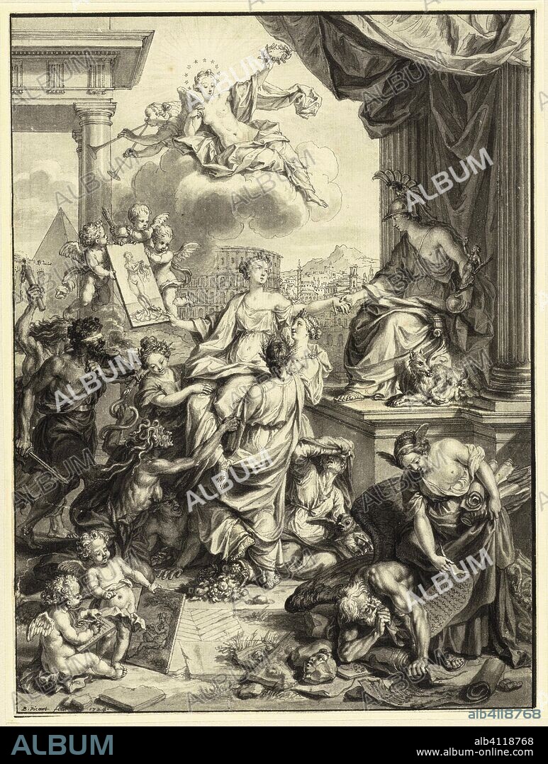 Title Page Design with the Triumph of the Art Painting. Draughtsman: Bernard Picart (mentioned on object). Dating: c. 1725. Measurements: h 220 mm × w 164 mm.