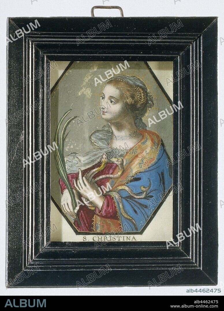 Print with the representation of Saint Christina, octagonal engraving on parchment, colored with gouache, silver and gold paint. Christina carries a palm branch and snakes in her hands. Encased behind glass in a simple profiled frame of black colored wood, with a metal eye for hanging., anonymous, Antwerp, c. 1650 - c. 1700, parchment (animal material), glass, printing ink, lijst, gouache (paint), paint (coating), wood (plant material), h 9.4 cm × w 6.5 cm h 13.0 cm × w 10.3 cm.