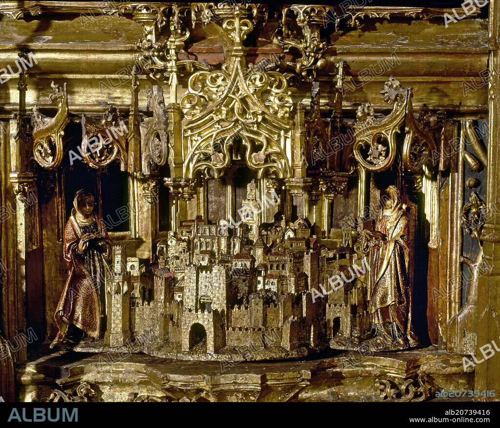 PEDRO DANCART O PIERRE DANCART-ESCULTOR SIGLO XV. DETALLE DE LA CIUDAD DE SEVILLA - RETABLO MAYOR DE LA CATEDRAL DE SEVILLA CONSTRUIDO ENTRE 1482 Y 1564.
