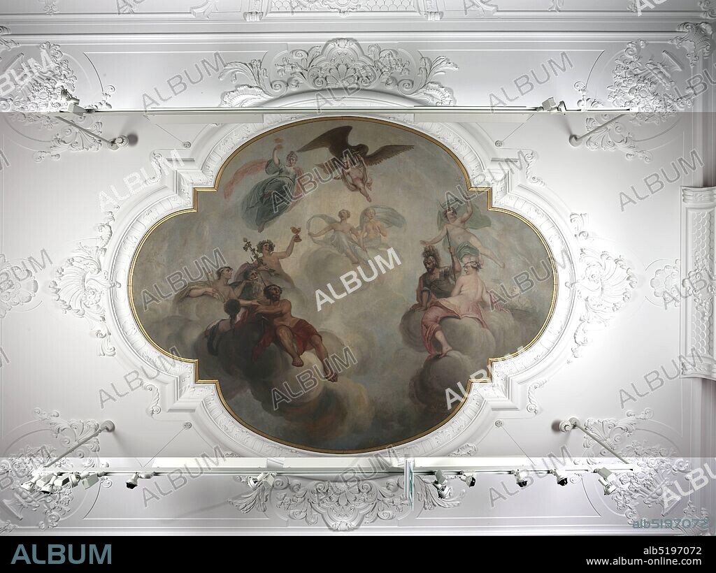 ceiling piece, Anthony Elliger, 1739, Signature front, bottom right: A. Elliger 1739, canvas, oil paint, painted, Overall dimensions according to catalog 1983: 334 × 429cm 3340 × 4290mm, eagle, minerva, mercury, neptune, boy, mythology, arnhem, Ceiling piece including the mythological representation: the robbery of Ganymede. At the top center you can see Jupiter, who has assumed the form of an eagle. He holds the young painter boy Ganymede in his mouth, which he just brought to Olympus. Underneath two figures and on the left Hebe, recognizable by the drinking bowl that she holds up in her right hand. At the bottom left a group of five figures: Apollo with the lyre, Neptune with the trident, Bacchus with the staff why a grape branch twists and a wine glass, Vulcan with the hammer and a female figure, seen from the back. At the bottom right a group of three figures: Venus probably, because without attributes, Mars with weapons and Mercury with wings and a wing staff, with two figures in the background on the right. The cloth has the shape of a four-lobed medallion, with small right angles protruding between the lobes. Signed bottom right. Ceiling piece is mounted in a plaster ceiling that covers the entire ceiling. Belongs to interior inv.nr. 2387, 1920.