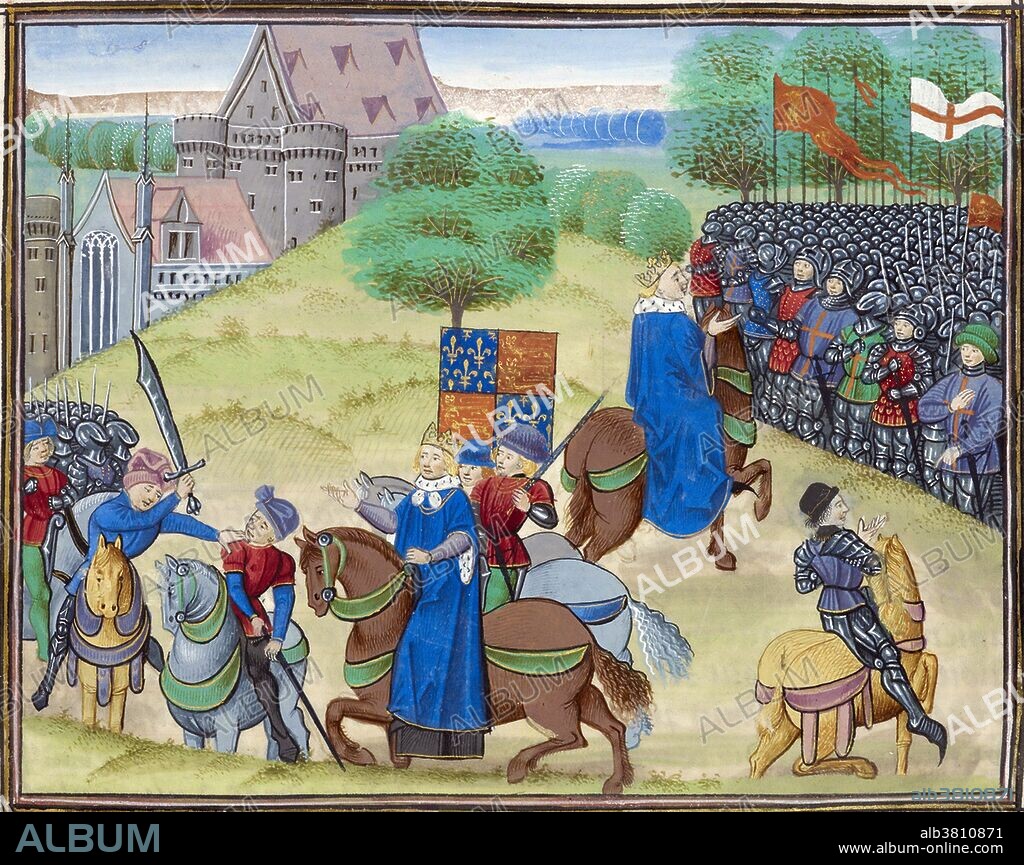 The Peasants' Revolt was a major uprising across large parts of England in 1381. The revolt had various causes, including the socio-economic and political tensions generated by the Black Death in the 1340s, the high taxes resulting from the conflict with France during the Hundred Years' War, and instability within the local leadership of London. Inspired by the sermons of the radical cleric John Ball, and led by Wat Tyler, a contingent of Kentish rebels advanced on London. On June 13, the rebels entered London and, joined by many local townsfolk, attacked the jails, destroyed the Savoy Palace, set fire to law books and buildings in the Temple, and killed anyone associated with the royal government. The following day, Richard met the rebels at Mile End and acceded to most of their demands, including the abolition of serfdom. Wat Tyler (died June 15, 1381) leader of the revolt was killed by officers loyal to King Richard II during negotiations at Smithfield, London. Image taken from Froissart's Chronicles. The Peasants' Revolt in England in 1381. The scene of conflict and the death of Wat Tyler, leader of the peasants by the sword.