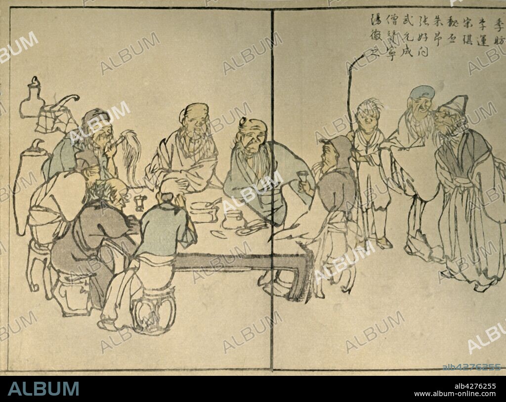 KAWAMURA BUNPO. 'The nine Ancients', 1813, (1924). From the 3rd volume of the "Bumpo Gafu", [1813]. Published in "Block Printing & Book Illustration in Japan", by Louise Norton Brown. [George Routledge & Sons, Ltd., E. P. Dutton & Co., London & New York, 1924].