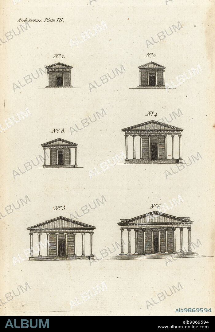 Front elevation of a Doric Antes temple with four pillars 1, Ionic Prostylar temple 2, Corinthian Peripteral with six columns 3, Dipteral with eight pillars 4, Pseudo-Dipteral 5 and Hypaethral with 10 pillars. Copperplate engraving from Francis Fitzgeralds The Artists Repository and Drawing Magazine, Charles Taylor, London, 1785.