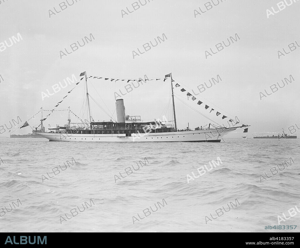 The 700 ton steam yacht 'Rovenska', 1911. 'Rovenska' was built by Ramage & Ferguson (Leith) for the Archduchess Maria Theresa of Austria (hence, Rovenska, the imperial yacht). 'Rovenska' was used as a mine sweeper in the Royal Navy during WWI.