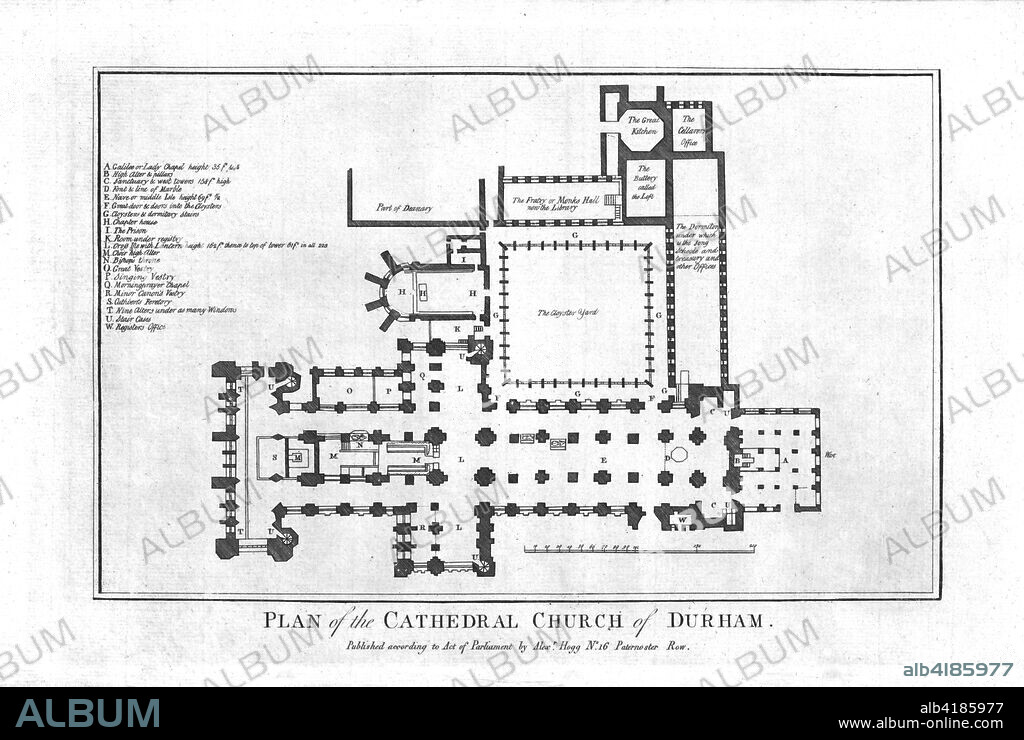 'Plan of the Cathedral Church of Durham.', late 18th century. Plan of the Cathedral Church of Christ, Blessed Mary the Virgin and St Cuthbert of Durham, also known as Durham Cathedral, in Durham, County Durham. It was designed and built 1093-1133 under William of St Carilef (or William of Calais), appointed first prince-bishop by William the Conqueror in 1080, and is regarded as a fine example of Norman architecture. It is a  World Heritage Site. Published by Alexander Hogg.