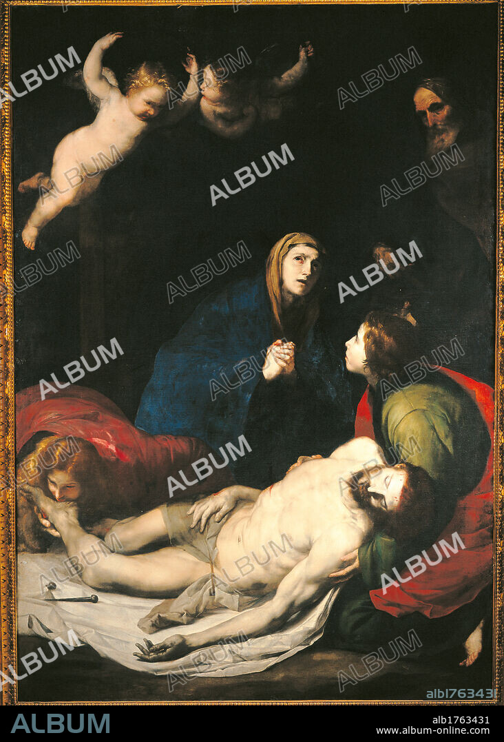 Piet, by Jusepe de Ribera known as Spagnoletto, 1637, 17th Century, oil on canvas,. Italy, Campania, Naples, San Martino Charterhouse Church. All. Green red Jesus Christ Mary Magdalene sudarium corpse dead Madonna.