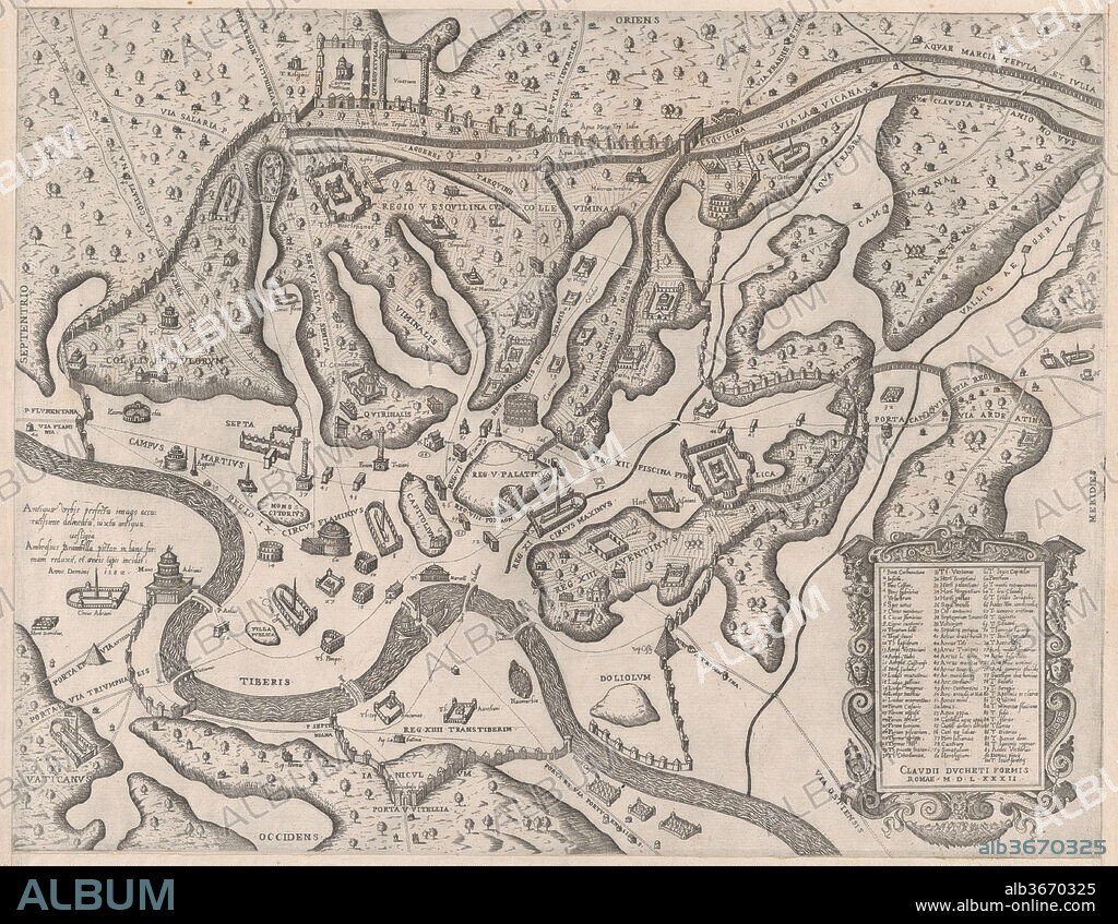 Speculum Romanae Magnificentiae: Ancient Rome, and its Hills, from the West. Artist: Giovanni Ambrogio Brambilla (Italian, active Rome, 1575-99). Dimensions: sheet: 17 15/16 x 21 7/16 in. (45.5 x 54.4 cm)
plate: 15 1/16 x 19 5/16 in. (38.2 x 49 cm). Publisher: Claudio Duchetti (Italian, active Venice and Rome, ca. 1565-died ca. 1585). Series/Portfolio: Speculum Romanae Magnificentiae. Date: 1582.
This print comes from the museum's copy of the Speculum Romanae Magnificentiae (The Mirror of Roman Magnificence) The Speculum found its origin in the publishing endeavors of Antonio Salamanca and Antonio Lafreri. During their Roman publishing careers, the two foreign publishers - who worked together between 1553 and 1563 - initiated the production of prints recording art works, architecture and city views related to Antique and Modern Rome. The prints could be bought individually by tourists and collectors, but were also purchased in larger groups which were often bound together in an album. In 1573, Lafreri commissioned a title page for this purpose, which is where the title 'Speculum Romanae Magnificentiae' first appears. Lafreri envisioned an ideal arrangement of the prints in 7 different categories, but during his lifetime, never appears to have offered one standard, bound set of prints. Instead, clients composed their own selection from the corpus to be bound, or collected a group of prints over time. When Lafreri died, two-third of the existing copper plates went to the Duchetti family (Claudio and Stefano), while another third was distributed among several publishers. The Duchetti appear to have standardized production, offering a more or less uniform version of the Speculum to their clients. The popularity of the prints also inspired other publishers in Rome to make copies however, and to add new prints to the corpus. 
The museum's copy of the Speculum entered the collection as a group of 3 albums with inlaid engravings and etchings. The prints have since been removed, but the original place of each print within the album is contained in the accession number: 41.72(volume.place).
Originally volume 1, plate 10 in the scrapbook.