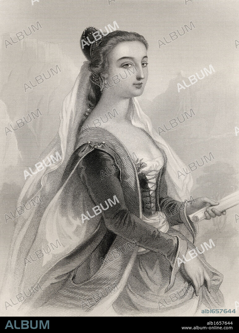Laura de Noves, 1308-1348. Petrarch's muse. Engraved by F. Holl after G Staal. From the book "World Noted Women" by Mary Cowden Clarke, published 1858.