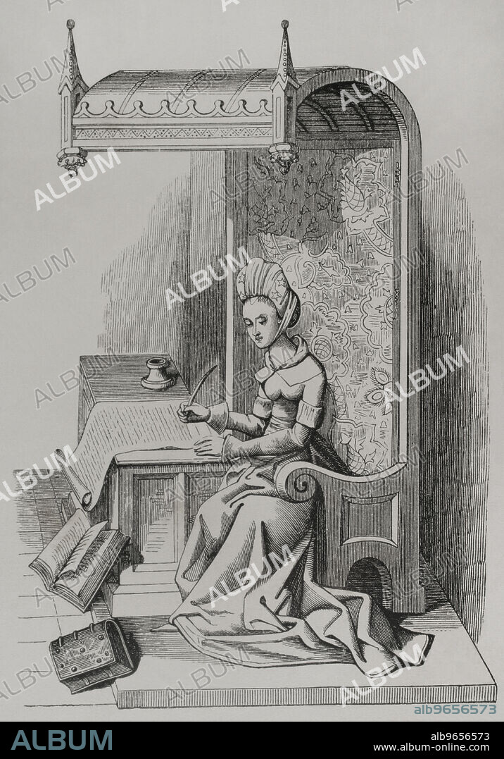 Christine de Pizan (1365-1430). Escritora y filósofa francesa nacida en Venecia. Grabado a partir de una miniatura del siglo XV. "Les Arts au Moyen Age et a l'Epoque de la Renaissance", por Paul Lacroix. París, 1877.