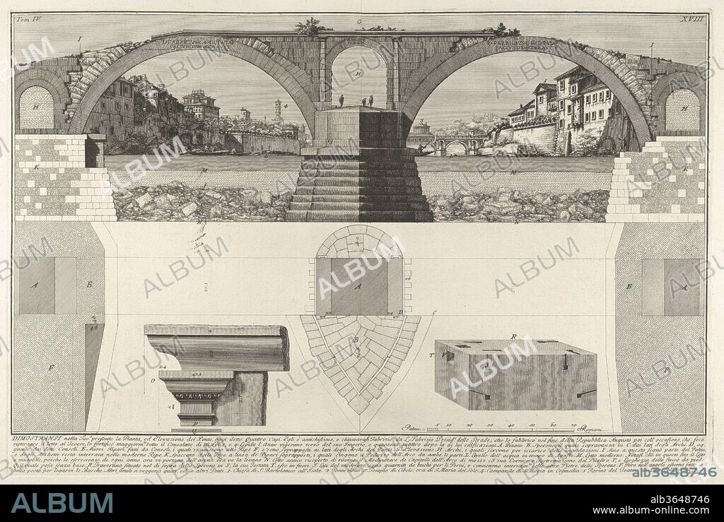 Plan and elevation of the Pons Fabricius (also known as the Quattro Capi Bridge), Rome, from the series 'Le Antichità Romane'. Artist: Giovanni Battista Piranesi (Italian, Mogliano Veneto 1720-1778 Rome). Dimensions: Sheet: 20 1/2 x 28 11/16 in. (52 x 72.8 cm)
Plate: 15 9/16 x 23 5/8 in. (39.6 x 60 cm). Series/Portfolio: Le Antichità Romane. Date: 1756.