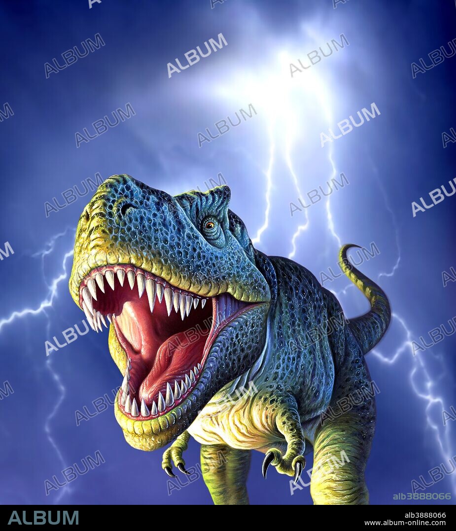 A Tyrannosaurus Rex with a blue stormy sky and lightning behind it.