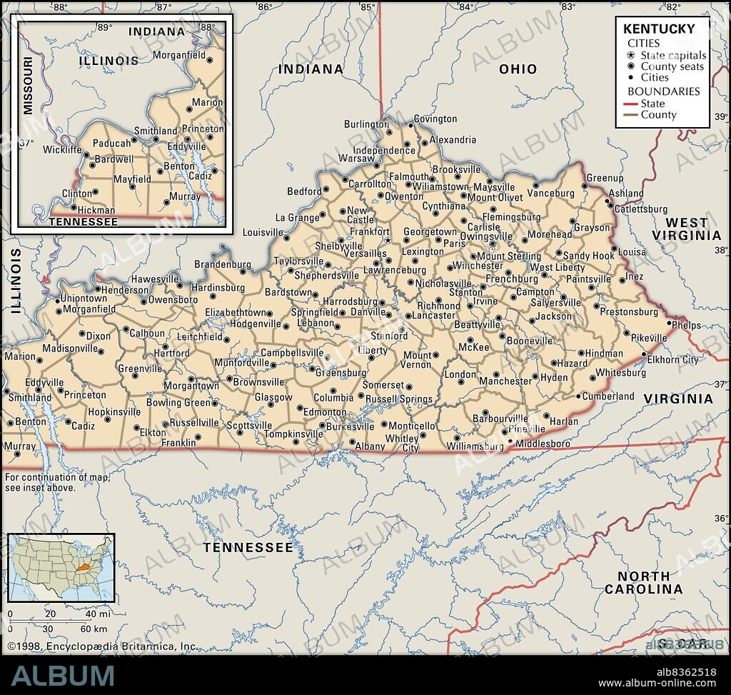 Political map of Kentucky.