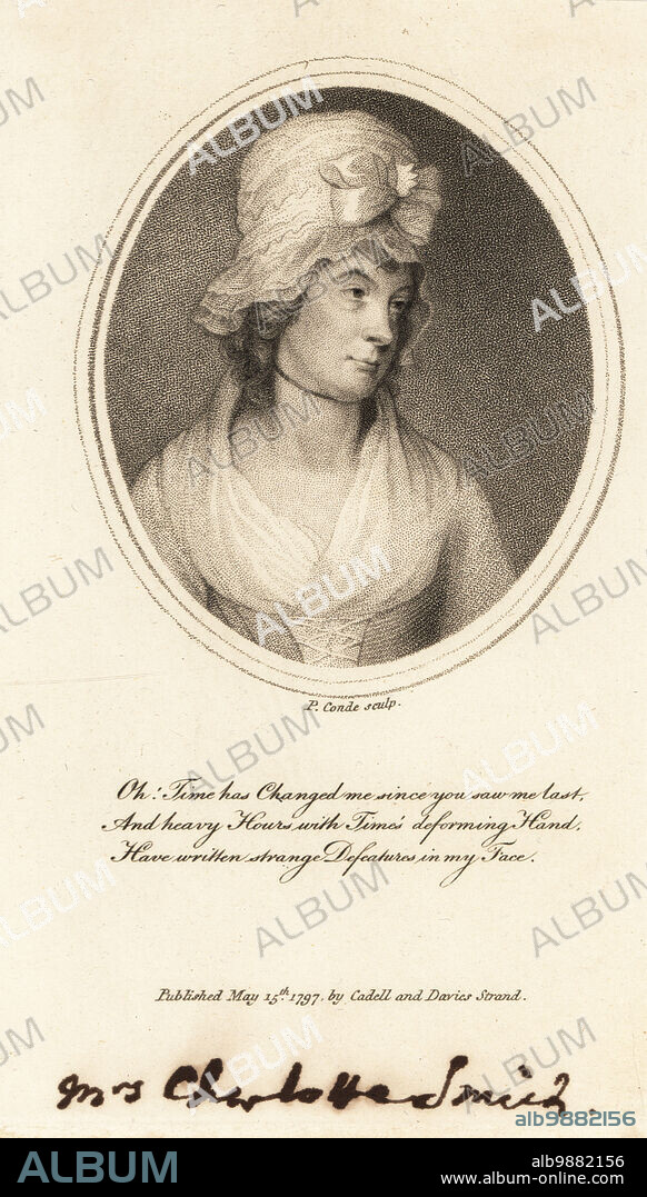 Charlotte Turner Smith (1749-1806), English Romantic poet and Gothic novelist, female author of Elegiac Sonnets, Emmeline or the Orphan of the Castle, etc. Mrs Charlotte Smith. Copperplate engraving by P. Conde after a portrait by George Romney, published by Cadell and Davies, Strand, London, 1797.