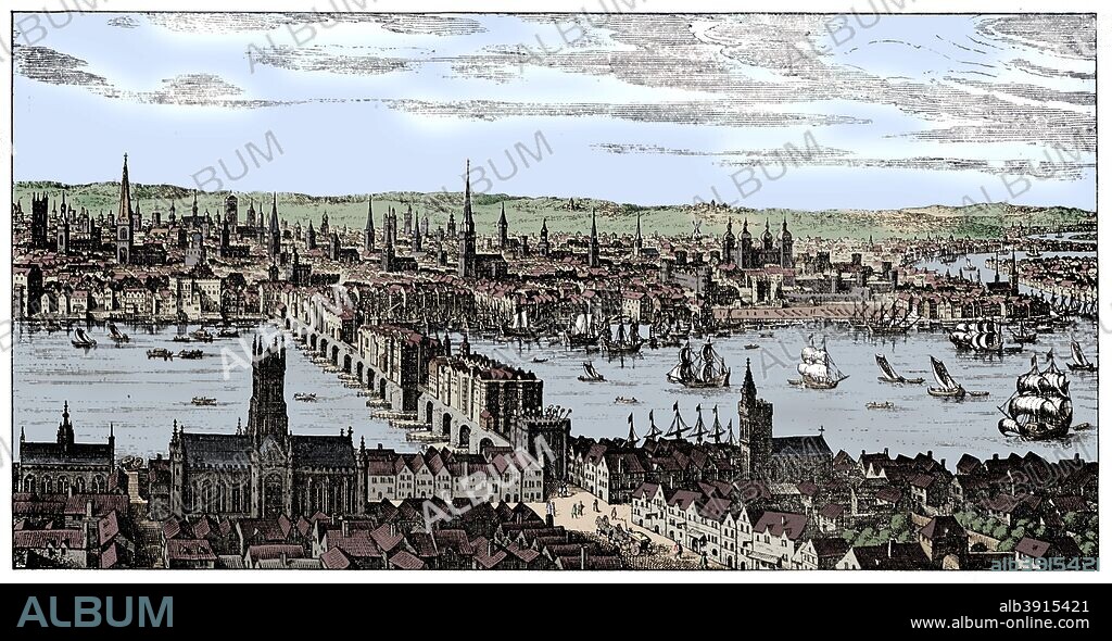 General view of London, 1666, (1909). Pre-Great Fire view of the City of London and the River Thames, from a plan of the year 1666. On the South Bank is Southwark Cathedral, with Old London Bridge spanning the Thames, and the Tower of London on the right. Engraving from  Harmsworth, History of the World, (London, 1909). (Colorised black and white print).