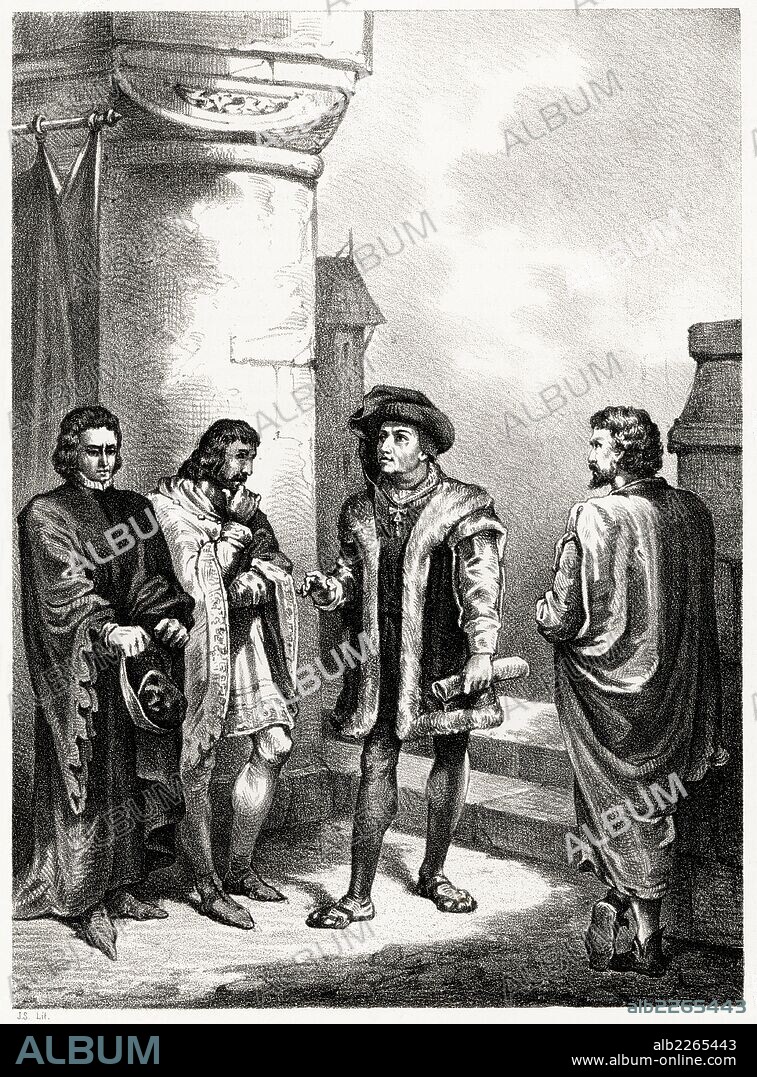 Historia de España. Poetas de la Edad Media. Ausias March (1397-1459), Jorge Manrique (1440-1479), Iñigo López de Mendoza (1398-1458), marqués de Santillana, y Juan de Mena (1411-1456). Grabado de 1872.