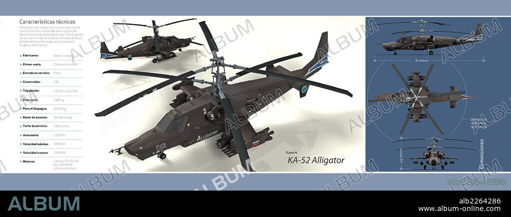Kamov KA 52 Alligator. Infografía del helicóptero militar Kamov KA-52 Alligator, fabricado en Rusia, cuyo primer vuelo se realizó en el 1997.