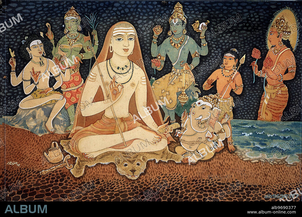 India: Hinduism - Adi Shankara. Hindu art - Himalayan Academy art - India - Religion - Spirituality - Artist S. Rajam - sannyasin - monk - sadhu - saint - ascetic - rishi - renunciate - swami - mudra - Adi Shankara - Smarta - Vishnu - Shiva - Dakshinamurti - Surya - Devi - Shakti - Murugan - Skanda - Kumara - Kartikkeya - Ganesha - Ganesh - tiger skin - Siva - Supreme God - Lord of Obstacles - God - Goddess - Parvati - Indian art - Hindu - art - religion - Hindu religion - Hindu belief.