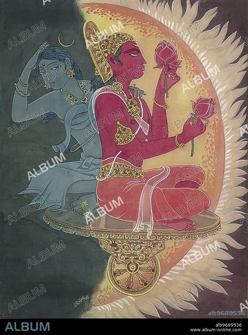 India: The sun and the moon cross the sky in a one-wheeled chariot. Hinduism - Hindu art - Himalayan Academy art - India - Religion - Spirituality - Artist S. Rajam - Sun - Moon - God - Goddess - chariot - sky - Chandra - Surya - lotus - Gods - darkness - day - night - Indian art - Hindu - art - religion - Hindu religion - Hindu belief.