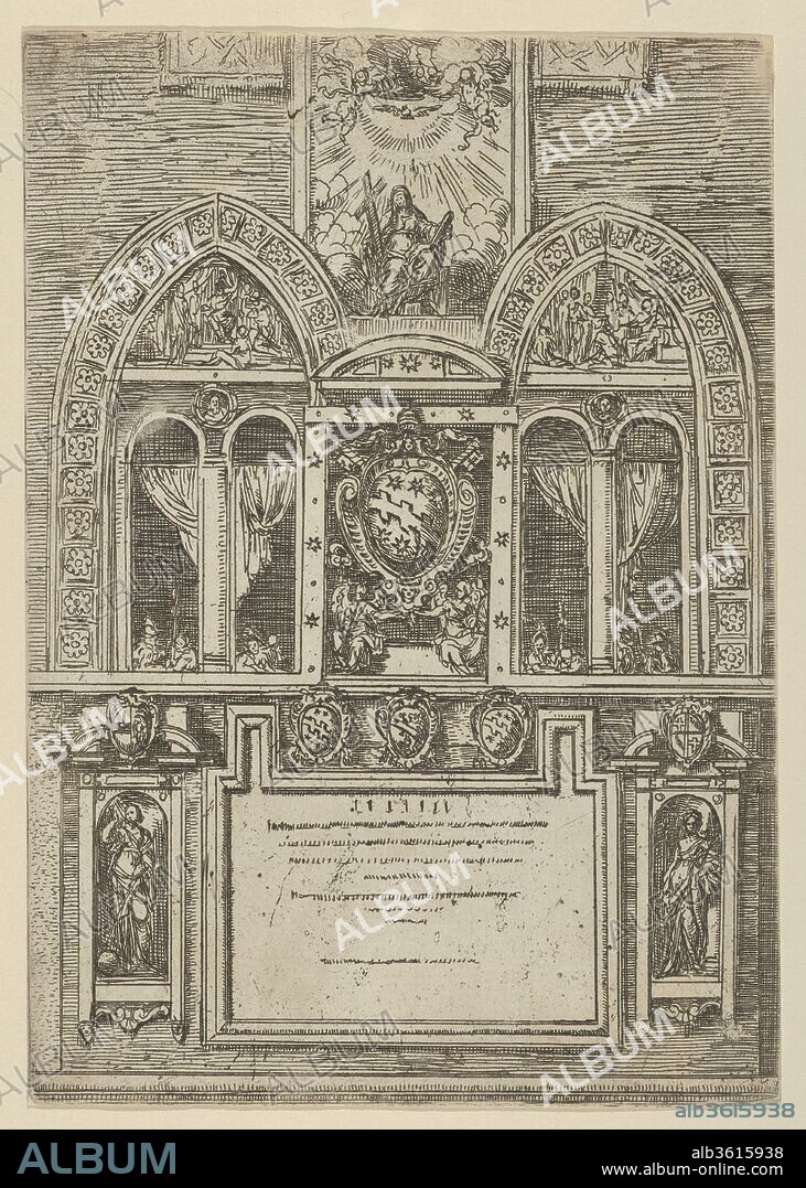 Facade of the Palazzo del Senato in Bologna with the Papal arms at center, with temporary decorations for the entry of Pope Clement VIII in Bologna in 1598. Artist: Guido Reni (Italian, Bologna 1575-1642 Bologna). Dimensions: Sheet (Trimmed): 8 7/16 × 5 15/16 in. (21.5 × 15.1 cm). Series/Portfolio: Descrittione de gli apparati fatti in Bologna per la venuta di N.S. Papa Clemente VIII. Date: 1598.
Plate from 'Descrittione de gli apparati fatti in Bologna per la venuta di N.S. Papa Clemente VIII', a book containing a description of the festivities for Pope Clement VIII's entry to Bologna and eight etchings by Reni illustrating the temporary decorations made for the event, published by Vittorio Benacci in Bologna in 1598.  A second edition containing an additional plate was published by Benacci in 1599 and a later edition (undated) was published by Gioseffo Longhi.  The Papal arms are flanked by Fame at left holding a trumpet and Victoria at right holding a palm; a lost painting by Reni is depicted above the arms.