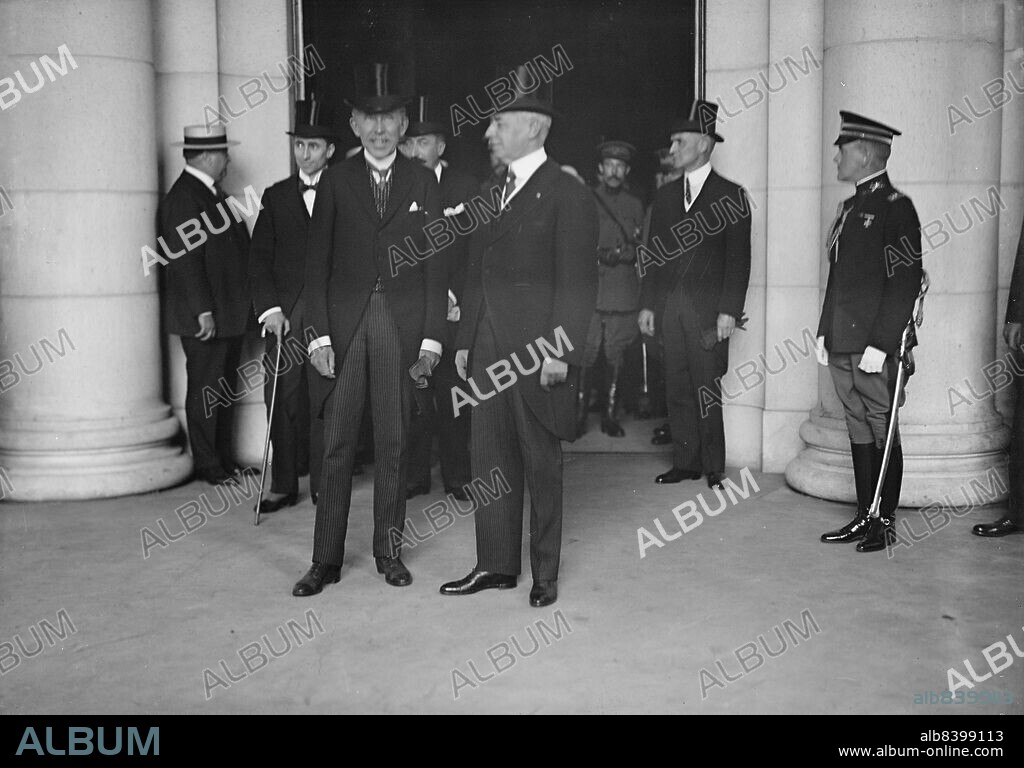 HARRIS & EWING. Belgian Mission To U.S., Baron Ludovic Moncheur, Head of Mission, and Secretary Robert Lansing at Union Station, Washington DC, 1917.