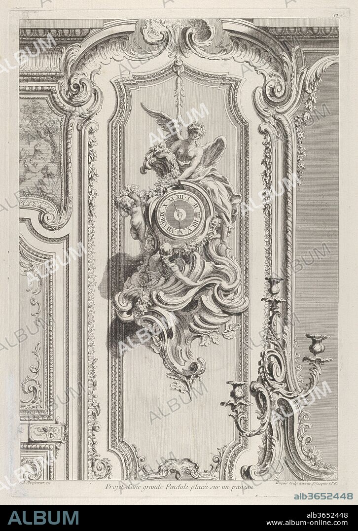 JUSTE AURÈLE MEISSONNIER. Projet d'une grande Pendule, from 'Oeuvre de Juste Aurele Meissonnier'. Artist: Juste Aurèle Meissonnier (French, Turin 1695-1750 Paris). Dimensions: Plate: 18 7/8 × 13 in. (47.9 × 33 cm)
Sheet: 22 5/8 × 17 in. (57.5 × 43.2 cm). Engraver: Gabriel Huquier (French, Orléans 1695-1772 Paris). Publisher: Gabriel Huquier (French, Orléans 1695-1772 Paris). Date: ca. 1742-48.
Design for a large pendule hung in front of a wall panel. The pendule has a round clock dial placed in a large case built up out of rocaille ornaments. On top a winged female figure holding a garland is seated. On the left the garland is supported by the figure of a small cupid. To the left, part of a door is depicted and on the lower right three arms of a candelabra are visible.