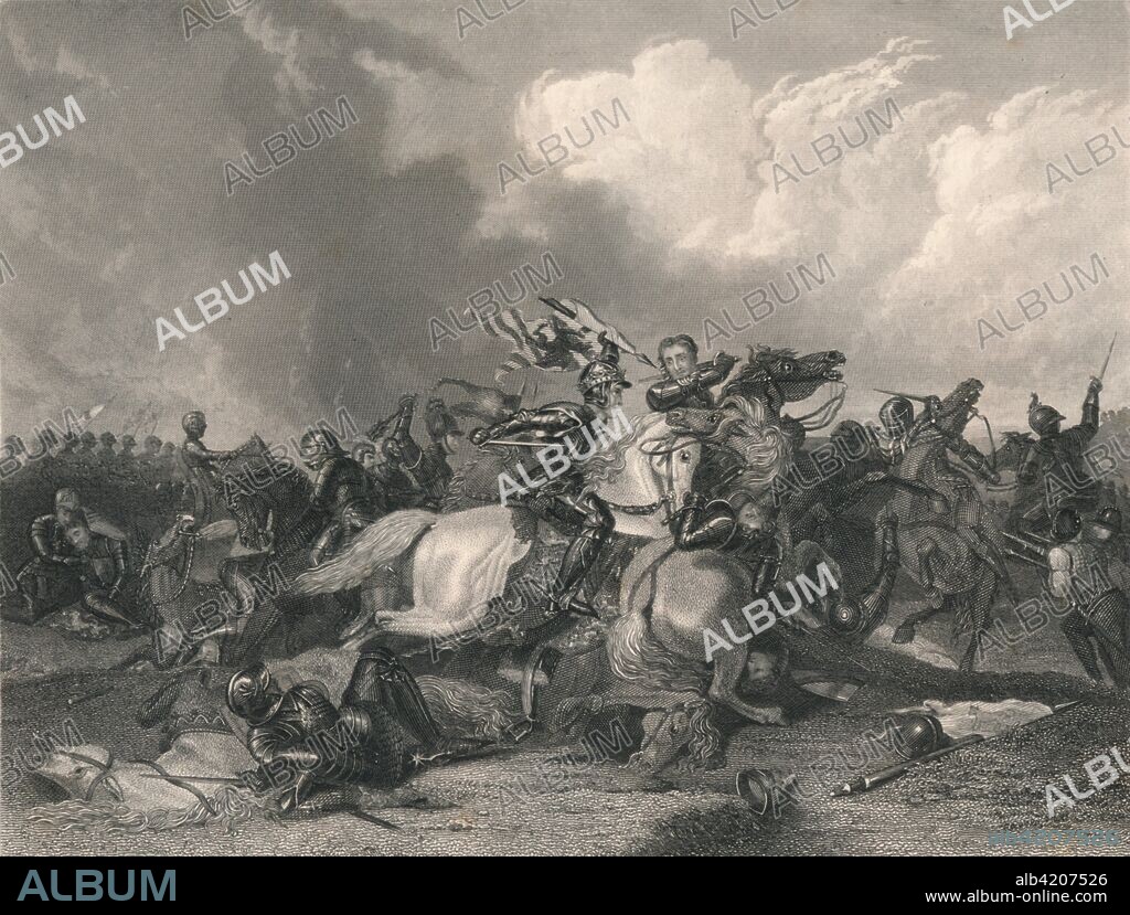'Richard III. and the Earl of Richmond at the Battle of Bosworth', 1485, (mid 19th century). The Battle of Bosworth Field, fought on 22 August 1485, was the last significant battle of the Wars of the Roses, the civil war between the Houses of Lancaster and York that raged across England in the latter half of the 15th century. Richard III (1452-1485), the last king of the House of York, was killed in the battle, making the victor Henry Tudor (1457-1509), Earl of Richmond, the first English monarch (King Henry VII), of the Tudor dynasty. [John Tallis & Company, London & New York].