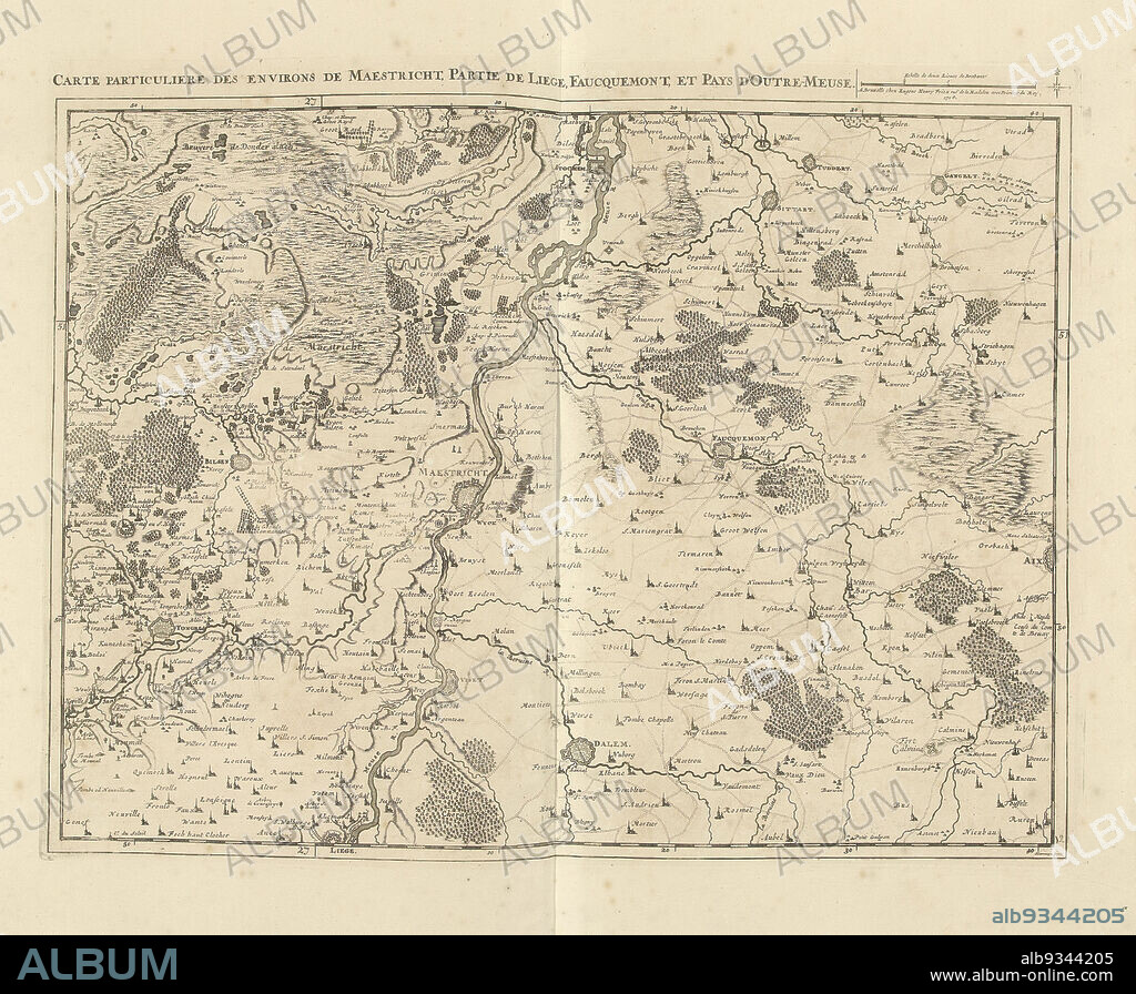 Map of Limburg with the area around Maastricht, 1708, Carte particuliere des environs de Maestricht, partie de Liege, Faucquemont, et Pays d'Outre-Meuse (title on object), Map of Limburg with the area around Maastricht, part of Liege and Valkenburg, 1708. Top right a scale bar: Echelle de deux Lieues de Brabant. The map is provided with a degree division along the edges. Part of a bundled collection of plans of battles and cities renowned in the War of the Spanish Succession. This plate is among the first 24 plates that make up a very large map of the Southern Netherlands., print maker: Jacobus Harrewijn (mentioned on object), publisher: Eugene Henry Fricx (mentioned on object), Brussels, 1708, paper, etching, engraving, height 435 mm × width 560 mm.