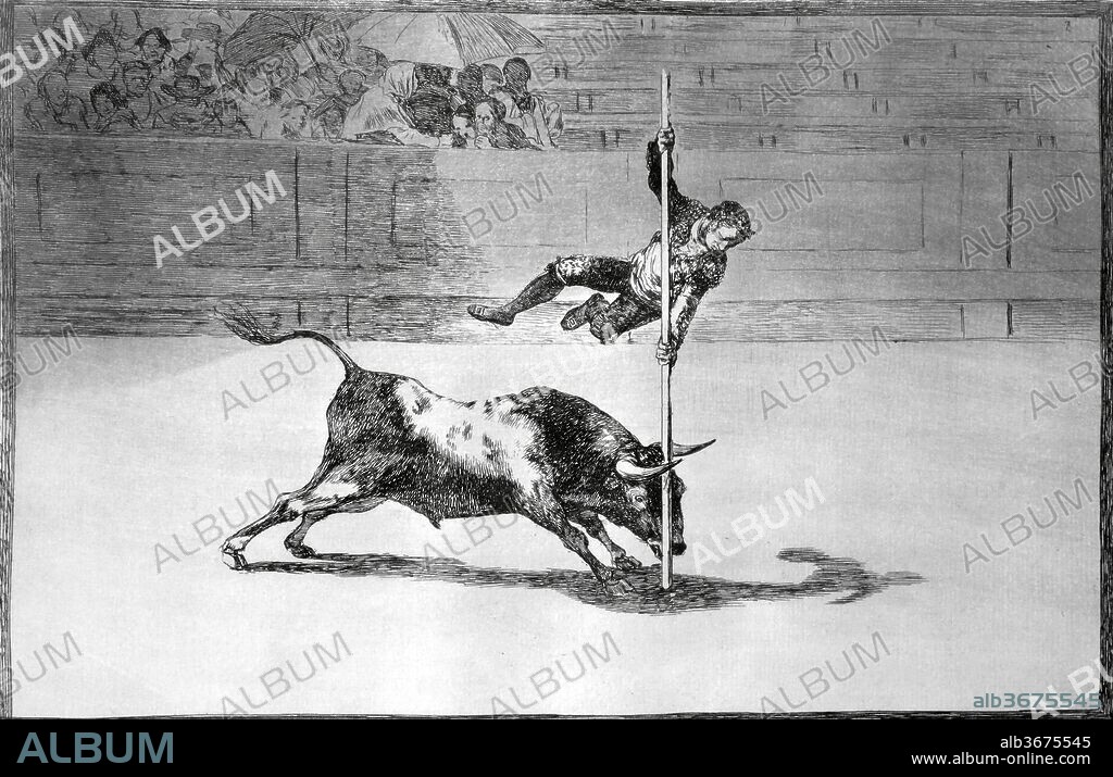 Plate 20 from the 'Tauromaquia':The agility and audacity of Juanito Apiñani in [the ring] at Madrid. Artist: Goya (Francisco de Goya y Lucientes) (Spanish, Fuendetodos 1746-1828 Bordeaux). Dimensions: Plate: 9 5/8 × 13 7/8 in. (24.5 × 35.3 cm)
11 in. × 15 3/16 in. (28 × 38.5 cm). Series/Portfolio: La Tauromaquia. Date: 1816.
16.4.2 ; 16.4.3; 16.4.4; are all on paper with No. 1 watermark.
Under microscopic examination it is clear that the lines and aquatint
are finer than in the impressions from the MMA complete set (21.19.1-33) printed on paper 
that appears to be uniformly Serra make, even when the watermark is not present.