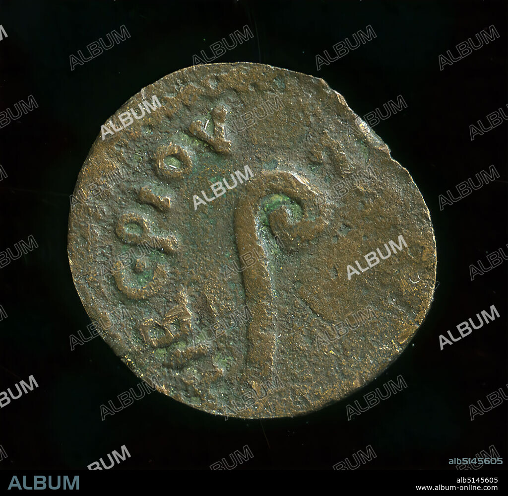 Prutah of Pontius Pilate, bronze, embossed, bronze, total: diameter: 1.4 cm; depth: 0.1 cm, inscription: Avers: [], Coins, Coinage, Tiberius, Iulian-Claudian Dynasty, Early Imperial Period, Roman Antiquity, The coin units of the Kingdom of Iudaea are referred to as Prutah. The obverse (front) shows a Lituus, the priestly staff of the Augurs. They were the highest Roman college of priests. The circumferential inscription refers to the reign of the emperor Tiberius. On the lapel is a laurel wreath in which the year 18 (Greek: LIH) is inscribed. According to this, the coin was minted in the 18th year of Tiberius' reign, i.e. in the year 31 AD. From 26 to 36 A.D. Pontius Pilate was the procurator of Iudaea. In the name of the emperor he had coins minted, which are called provincial coins. Pilate also passed the death sentence in the trial of Jesus according to Roman law. The imprint of such a coin of Pontius Pilate is said to be found on Jesus' right eye on the famous Turin Shroud.