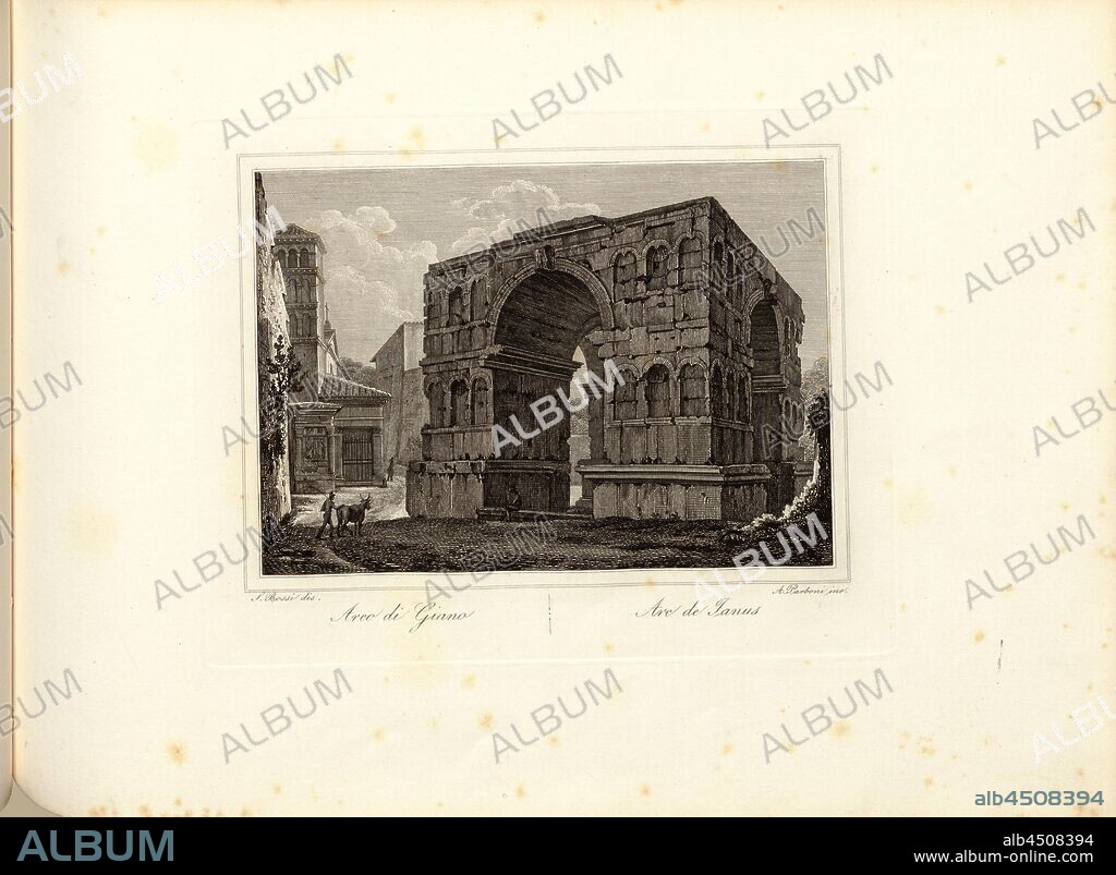 Arch of Janus, Janus Arch in Rome, signed: S. Bossi dis, A. Parboni inc, Taf. 33, Bossi, S. (dis.); Parboni, A. (inc.), Gaetano Cottafavi, Gabriele Fontana, D. Amici, P. Parboni, A. Fornari, S. Bossi, Salvatore Busuttil: Souvenirs de Rome. [nicht ermittelbar]: [nicht ermittelbar], [1800].