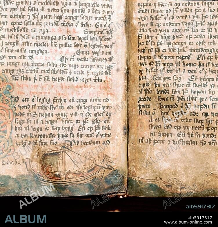 Page from the manuscript Gks 2365 4to, also known as 'Codex Regius'. The oldest and most important manus-cript of the poems of elder Edda, it was written in Iceland. The poems deal with the pagan gods and the heroes of Germanic legend. It was presented to King Frederik III in 1643 by Bishop Brynjolfur. Country of Origin: Iceland. Date / Period: Late 13th.