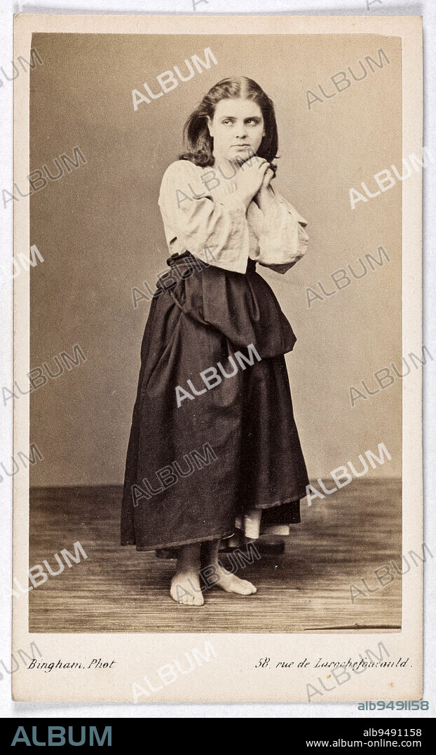 Portrait of Célestine Galli-Marié (born Married, married Galli), (1840-1905), (lyrical singer), Bingham, Robert Jefferson, Photographer, En 1866, 2nd half of the 19th century, Photography, Graphic arts, Photography, Albumen paper print, Dimensions - Work: Height: 9 cm, Width: 5.6 cm, Dimensions: Height: 10.3 cm, Width: 6.7 cm.