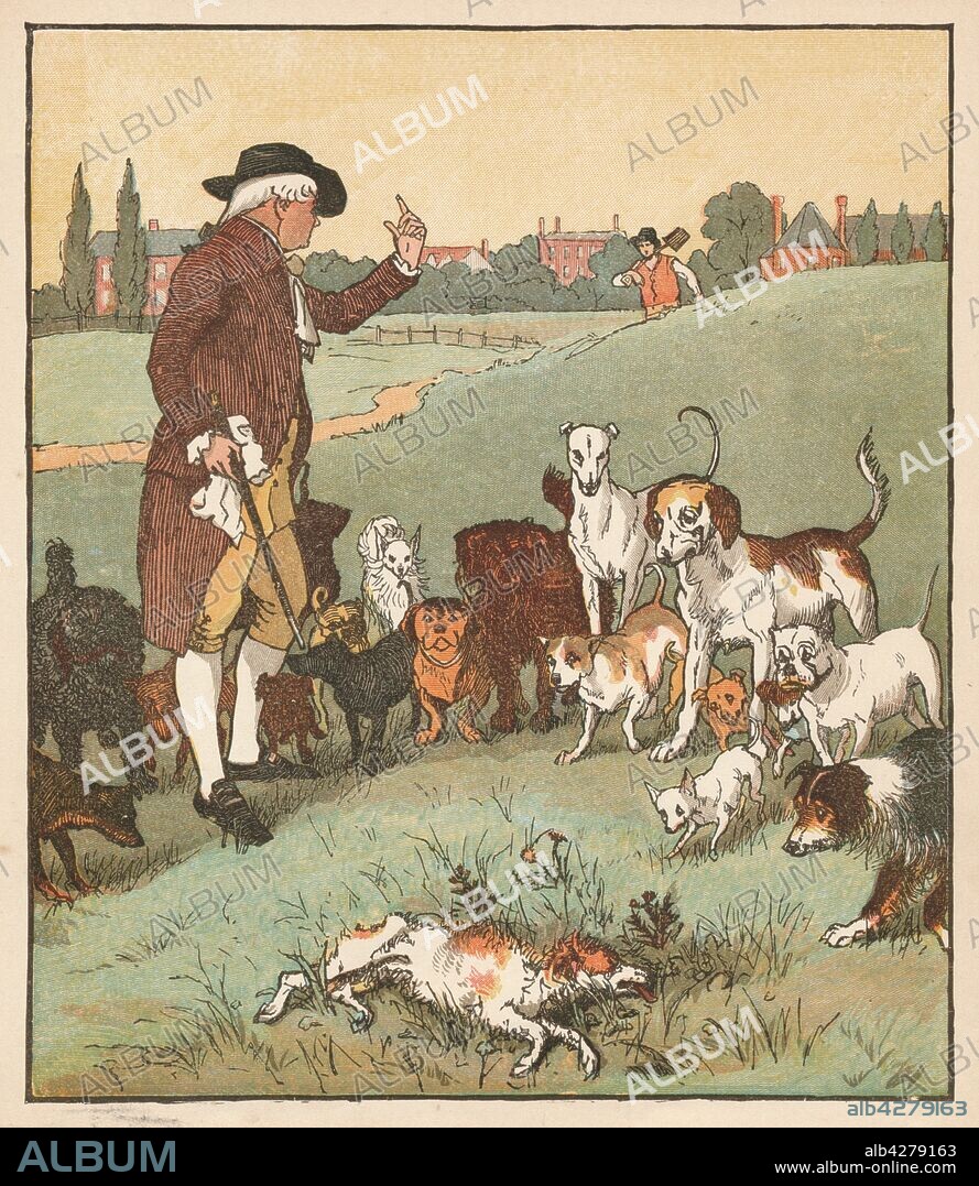 'The dog it was that died', c1879. 'But soon a wonder came to light, That show'd the rogues they lied - The man recover'd of the bite; The dog it was that died'. From "An Elegy on the Death of a Mad Dog", by Oliver Goldsmith, illustrated by Randolph Caldecott. [London, c1879].