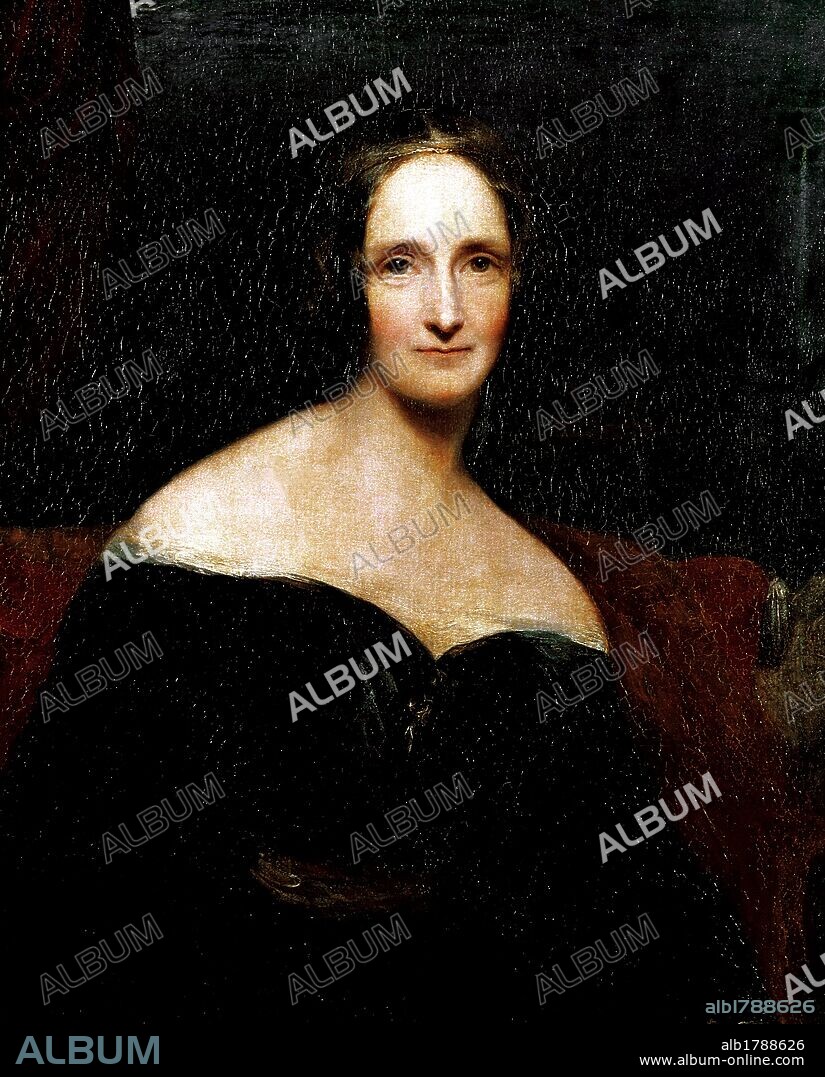 SHELLEY, Mary Wollstonecraft Godwin (Londres, 1797-1851) Escritora británica, hija del que fue teórico anarquista W. Godwin y de la feminista Mary Wollstonecraft, y la segunda esposa del poeta P. B. Shelley. Su principal obra es la novela de terror "Frankenstein" (1871). Retrato por Richard ROTHWELL (1800-1868) .