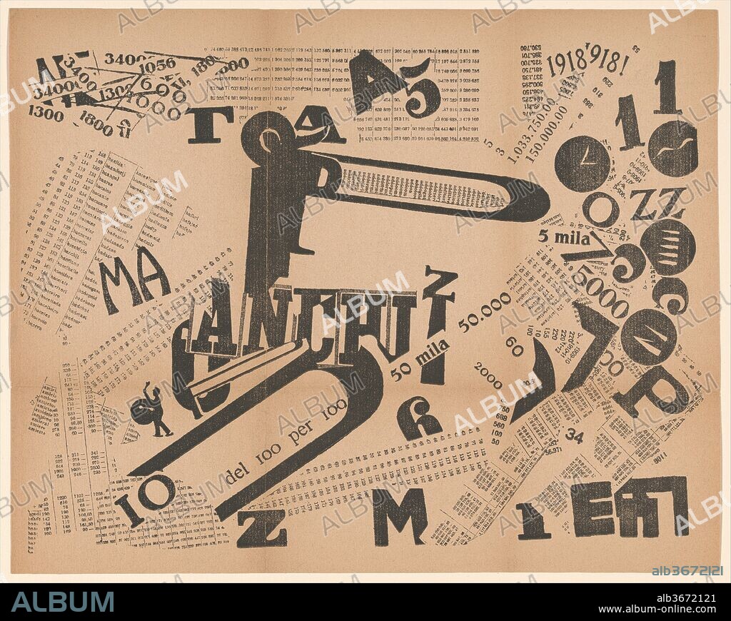 A Tumultuous Assembly. Numerical Sensibility (Une Assemblée tumultueuse. Sensibilité numérique) published in Les mots en liberté futuristes. Artist: Filippo Tommaso Marinetti (Italian, born Egypt, Alexandria 1876-1944 Bellagio, Italy). Dimensions: 10 1/2 x 13 in.  (26.7 x 33.0 cm). Date: 1919.
A Tumultuous Assembly: Numerical Sensibility is an example of tavole parolibere (free-word pictures). In this print, the subject of which is Italy's victory in World War I, Marinetti drew from visual collage and parole in libertà (words-in-freedom) and eschewed regulations of grammar and syntax to create a work that can be interpreted both visually and aurally. A Tumultuous Assembly: Numerical Sensibility liberates numbers, signs, letters, and images from their functional responsibilities, exaggerates forms, and juxtaposes diverse elements, thereby producing unexpected associations. The Futurists celebrated the potential of war, drawing analogies between weaponry, such as torpedoes and bombs, and Futurist poetry. Here, Marinetti combined innovative typography, found elements (such as the image of the drummer boy on the left and the strips of letters and numbers throughout the composition), and dramatic variations in scale to create a dynamic composition representing a celebrating crowd.