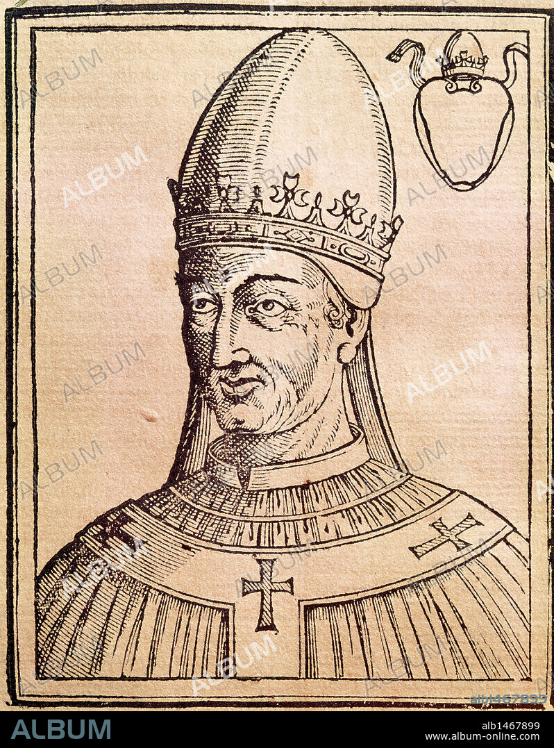 VIGILIO (h. 500-555). Papa romano (537-555). S. VI. Fue elegido en el año 536 frente al Papa Silverio y no reconocido hasta la muerte de éste en el 537. Convocó el Concilio de Constantinopla (553) para poner fin a las controversias entre el Papa y el Emperador Justiniano. Grabado. Biblioteca Nacional. Roma. Italia.