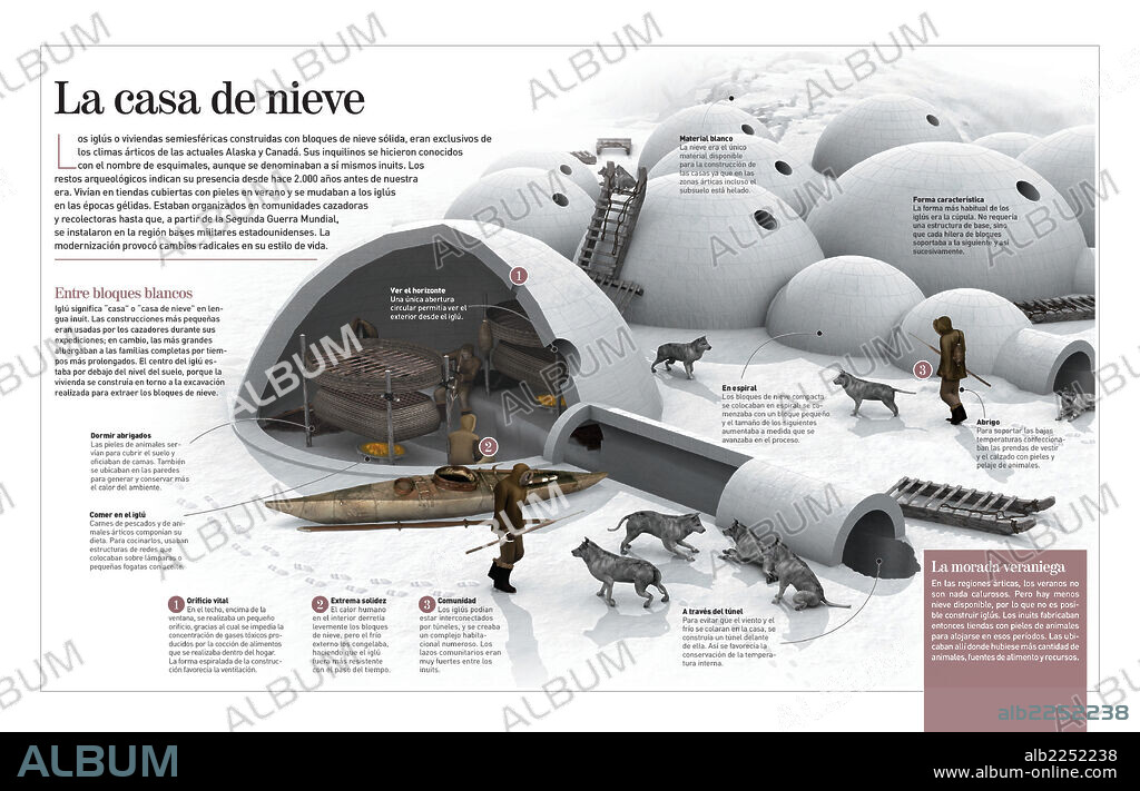 La casa de nieve. Infografía sobre el estilo de vida de los inuits (pueblos esquimales) y sus tipicas viviendas, los iglús.