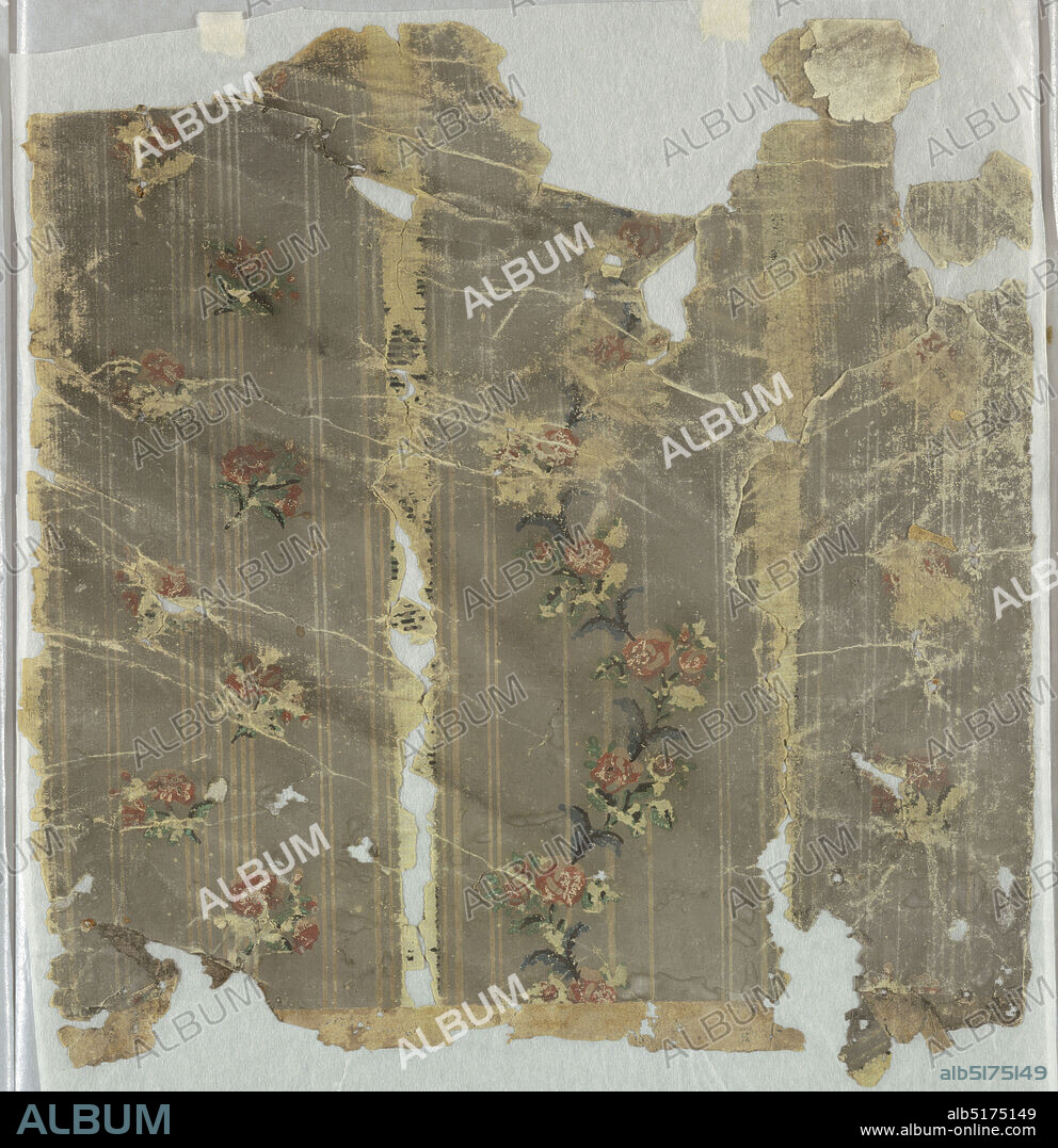 Sidewall - fragment, Block-printed, distemper paint, Wallpaper pattern simulating brocaded silk. Gray ground, thin vertical stripes. Vertical area with narrow curving garland of red flowers, green leaves, lined with black, alternating with vertical area dotted with sprigsof red flowers, green leaves, at regular intervals. These areas separated by vertical green band., possibly France, 177090, Wallcoverings, Sidewall - fragment.
