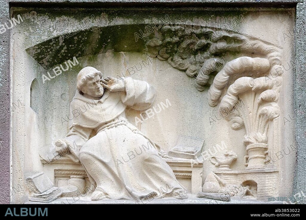 Relief of Berthold Schwarz, inventor of gunpowder, Berthold Schwarz Fountain by Josef Alois Knittel, 1855, Freiburg im Breisgau, Baden-Württemberg, Germany, Europe.