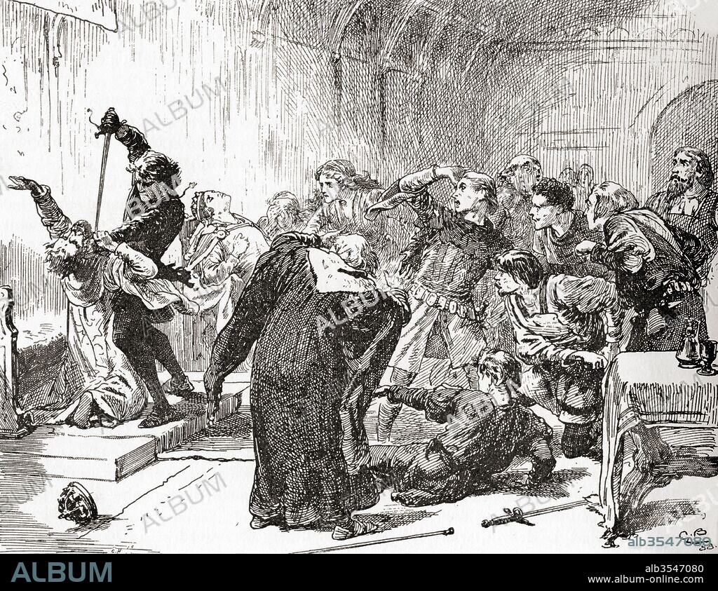 A scene from William Shakespeare's play Hamlet. Act V, scene 2. Hamlet: "The point envenom'd too! Then, venom, to thy work." (Stabs the king). Illustration by Gordon Browne. From The Works of William Shakespeare, published 1896.